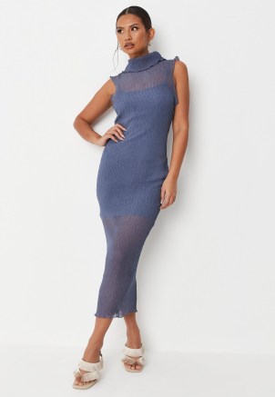 MISSGUIDED blue sheer high neck crinkle midaxi dress ~ chic sleeveless semi sheer dresses ~ elegant on-trend going out fashion