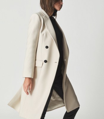 REISS BONNIE WOOL BLEND CROMBIE COAT NEUTRAL ~ womens tailored winter coats - flipped