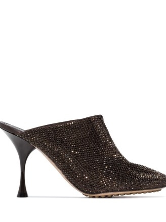 Bottega Veneta Dot Sock 90mm brown embellished mules ~ shiny gem covered stiletto heel mule ~ glittering heels - flipped