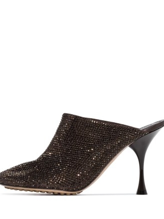 Bottega Veneta Dot Sock 90mm brown embellished mules ~ shiny gem covered stiletto heel mule ~ glittering heels