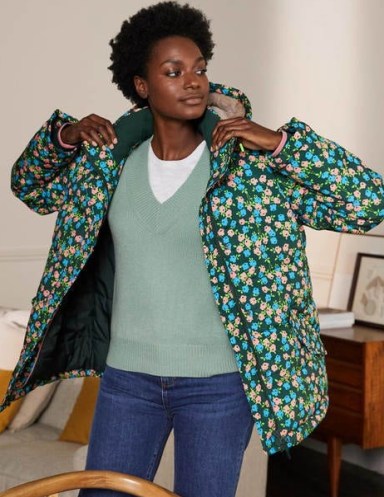 BODEN Brecon Puffer Coat / floral padded jackets / hooded flower print coats