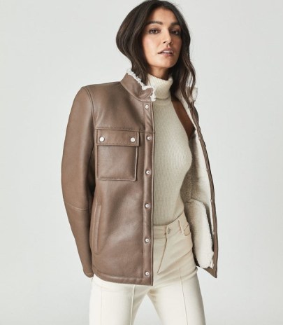 REISS BRIE SHEARLING OVERSHIRT BROWN ~ women’s luxe overshirts ~ womens luxury shackets - flipped