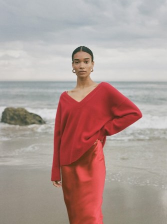 REFORMATION Brit Regenerative Wool Sweater in Crimson ~ red V-neck oversized drop shoulder sweaters ~ womens sustainable knitwear