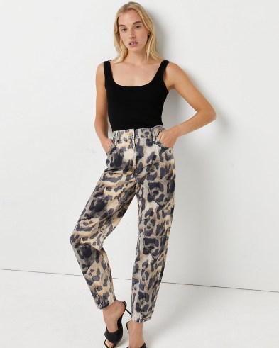 River Island Brown animal print high waisted tapered jeans – womens printed denim fashion - flipped