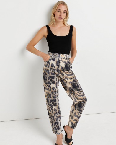 River Island Brown animal print high waisted tapered jeans – womens printed denim fashion