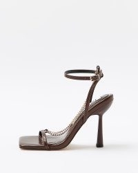RIVER ISLAND BROWN CHAIN DETAIL STRAPPY HEELED SANDALS ~ square toe barely there high heels ~ glamorous ankle strap party shoes