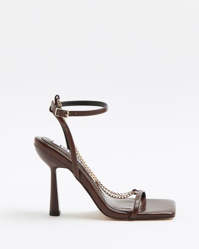 RIVER ISLAND BROWN CHAIN DETAIL STRAPPY HEELED SANDALS ~ square toe barely there high heels ~ glamorous ankle strap party shoes - flipped