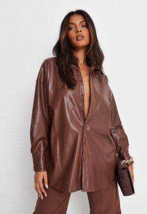 MISSGUIDED brown faux leather shacket – luxe style shackets – on-trend shirt jackets – going out fashion - flipped
