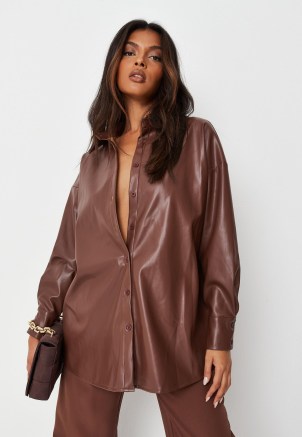 MISSGUIDED brown faux leather shacket – luxe style shackets – on-trend shirt jackets – going out fashion
