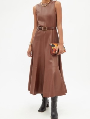 CHLOÉ Flared brown leather midi dress ~ luxe sleeveless fit and flare dresses ~ womens luxury designer fashion - flipped
