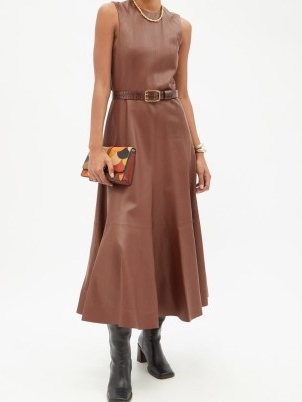 CHLOÉ Flared brown leather midi dress ~ luxe sleeveless fit and flare dresses ~ womens luxury designer fashion