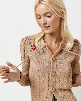 RIVER ISLAND BROWN FLORAL POM POM CARDIGAN ~ vintage style cable knit cardigans ~ womens fashionable knitwear - flipped