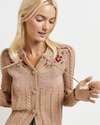 RIVER ISLAND BROWN FLORAL POM POM CARDIGAN ~ vintage style cable knit cardigans ~ womens fashionable knitwear