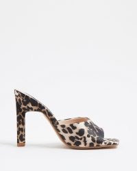 RIVER ISLAND BROWN LEOPARD PRINT HEELED MULES ~ glamorous animal print square toe mule sandals