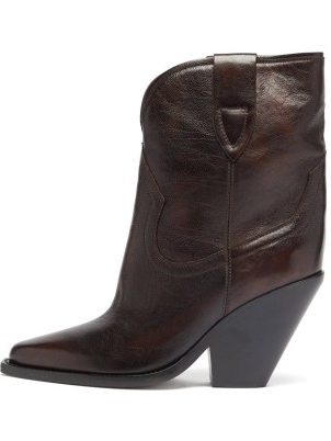 ISABEL MARANT Leyane point-toe brown leather ankle boots ~ womens slanted block heel cowboy boots - flipped