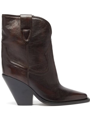 ISABEL MARANT Leyane point-toe brown leather ankle boots ~ womens slanted block heel cowboy boots