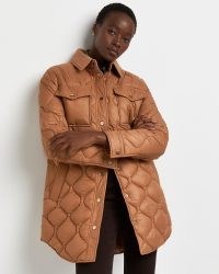 River Island Brown quilted longline shacket – womens padded shackets – women’s on trend shirt jackets