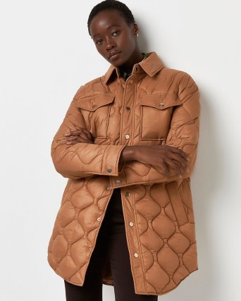 River Island Brown quilted longline shacket – womens padded shackets – women’s on trend shirt jackets - flipped