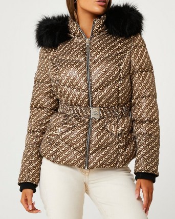 RIVER ILAND BROWN RI MONOGRAM BELTED PUFFER COAT ~ casual luxe style winter coats - flipped