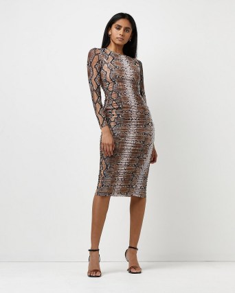 RIVER ISLAND Brown snake print bodycon midi dress ~ ruched bodycon dresses - flipped