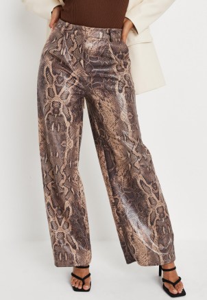 MISSGUIDED brown snake print faux leather extreme wide leg trousers / glamorous reptile print fashion - flipped