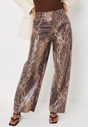 MISSGUIDED brown snake print faux leather extreme wide leg trousers / glamorous reptile print fashion