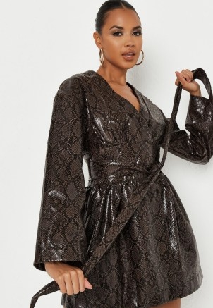 MISSGUIDED brown snake print faux leather wrap front dress / glamorous tie waist dresses / animal prints - flipped