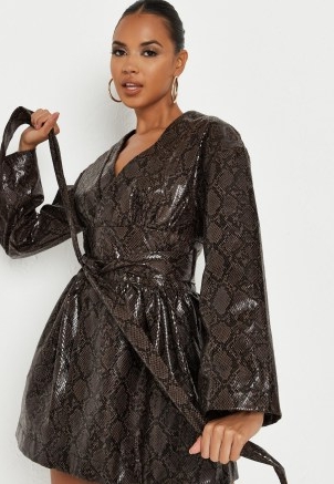 MISSGUIDED brown snake print faux leather wrap front dress / glamorous tie waist dresses / animal prints
