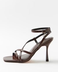 RIVER ISLAND BROWN WIDE FIT STRAPPY HEELED SANDALS ~ buckle fastening ankle strap high heels ~ square toe stiletto heel shoes