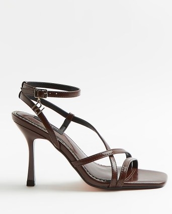 RIVER ISLAND BROWN WIDE FIT STRAPPY HEELED SANDALS ~ buckle fastening ankle strap high heels ~ square toe stiletto heel shoes - flipped