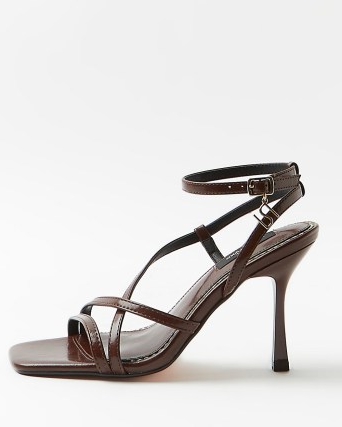 RIVER ISLAND BROWN WIDE FIT STRAPPY HEELED SANDALS ~ buckle fastening ankle strap high heels ~ square toe stiletto heel shoes