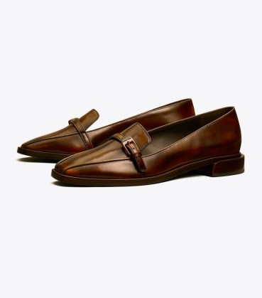 TORY BURCH BUCKLE FLAT LOAFER in Brown ~ chic square toe loafers - flipped