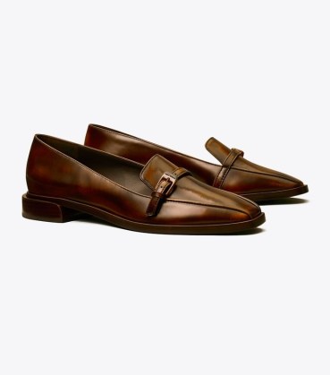 TORY BURCH BUCKLE FLAT LOAFER in Brown ~ chic square toe loafers