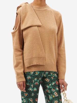 BERNADETTE Mia bow-trimmed cutout cashmere-blend sweater – camel brown cut out detail sweaters – womens statement bow jumpers - flipped