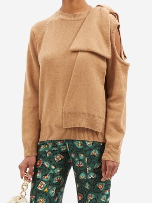 BERNADETTE Mia bow-trimmed cutout cashmere-blend sweater – camel brown cut out detail sweaters – womens statement bow jumpers