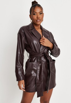 carli bybel x missguided chocolate faux leather tie waist blazer dress – jacket style dresses - flipped