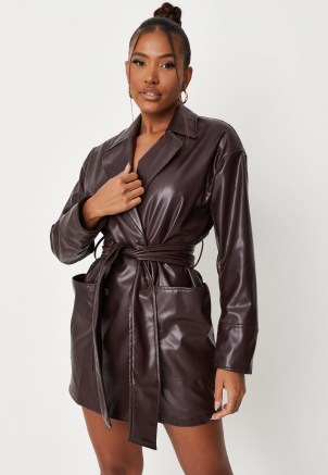 carli bybel x missguided chocolate faux leather tie waist blazer dress – jacket style dresses