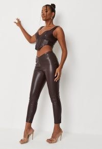 carli bybel x missguided chocolate faux leather v waist fit and flare trousers – crop leg trousers