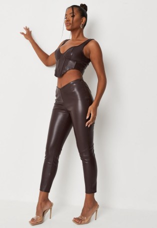carli bybel x missguided chocolate faux leather v waist fit and flare trousers – crop leg trousers