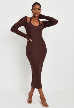 carli bybel x missguided chocolate rib cut out shoulder midi dress – brown cutout and halterneck detail bodycon dresses - flipped