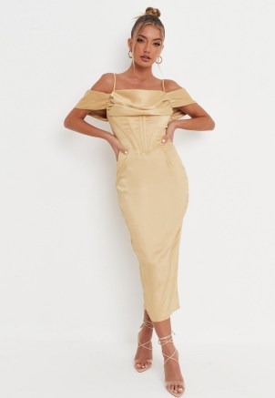 carli bybel x missguided mustard drape neck satin corset midi dress – luxe style going out dresses – glamorous evening fashion - flipped
