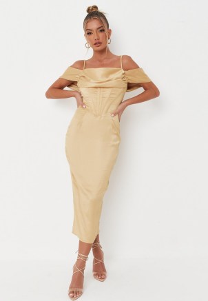carli bybel x missguided mustard drape neck satin corset midi dress – luxe style going out dresses – glamorous evening fashion