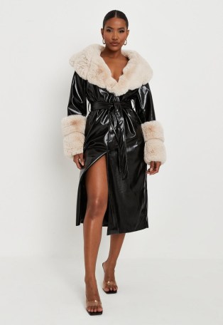 carli bybel x missguided premium black faux fur trim faux leather belted trench coat – glamorous winter tie waist coats – on trend outerwear - flipped