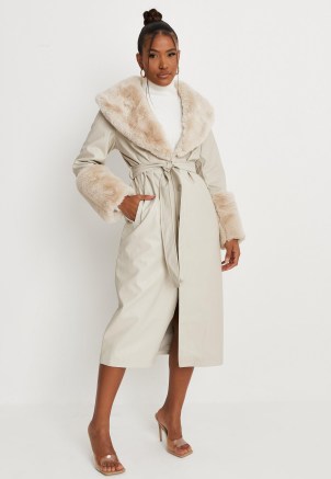 carli bybel x missguided stone plush faux fur trim faux leather belted trench coat – luxe style tie waist winter coats - flipped