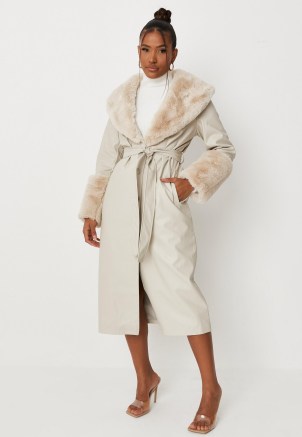 carli bybel x missguided stone plush faux fur trim faux leather belted trench coat – luxe style tie waist winter coats