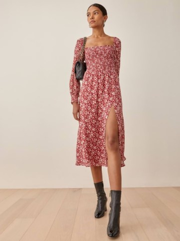 Reformation Cello Dress in Flower Girl | floral smocked bodice thigh high split hem dresses