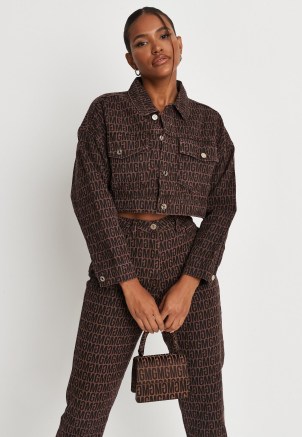 MISSGUIDED chocolate co ord mg print cropped denim jacket ~ crop hem logo jackets ~ womens casual brown outerwear - flipped