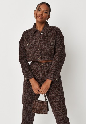 MISSGUIDED chocolate co ord mg print cropped denim jacket ~ crop hem logo jackets ~ womens casual brown outerwear