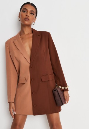 MISSGUIDED chocolate colourblock oversized blazer dress – tonal brown colour block jacket dresses - flipped