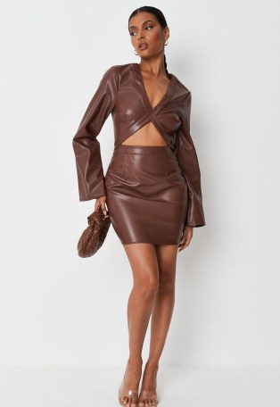 MISSGUIDED chocolate faux leather cut out trumpet mini dress – front cutout evening dresses – going out fashion